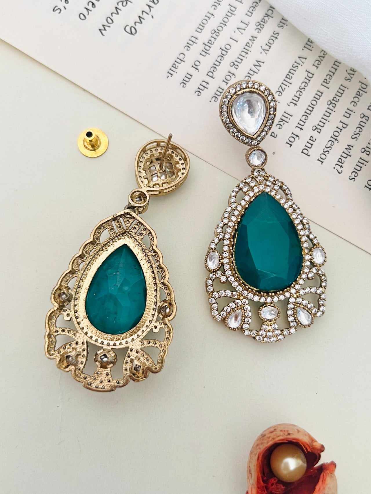 Emerald Gold Plated Necklace Choker Set with teardrop emerald stones and intricate gold detailing