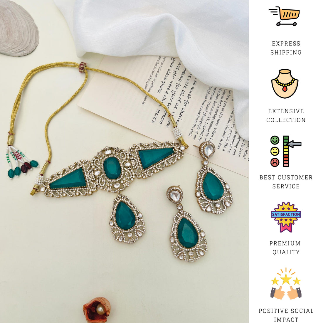 Elegant Emerald Gold Plated Necklace Choker Set with matching earrings on model by Abdesignsjewellery