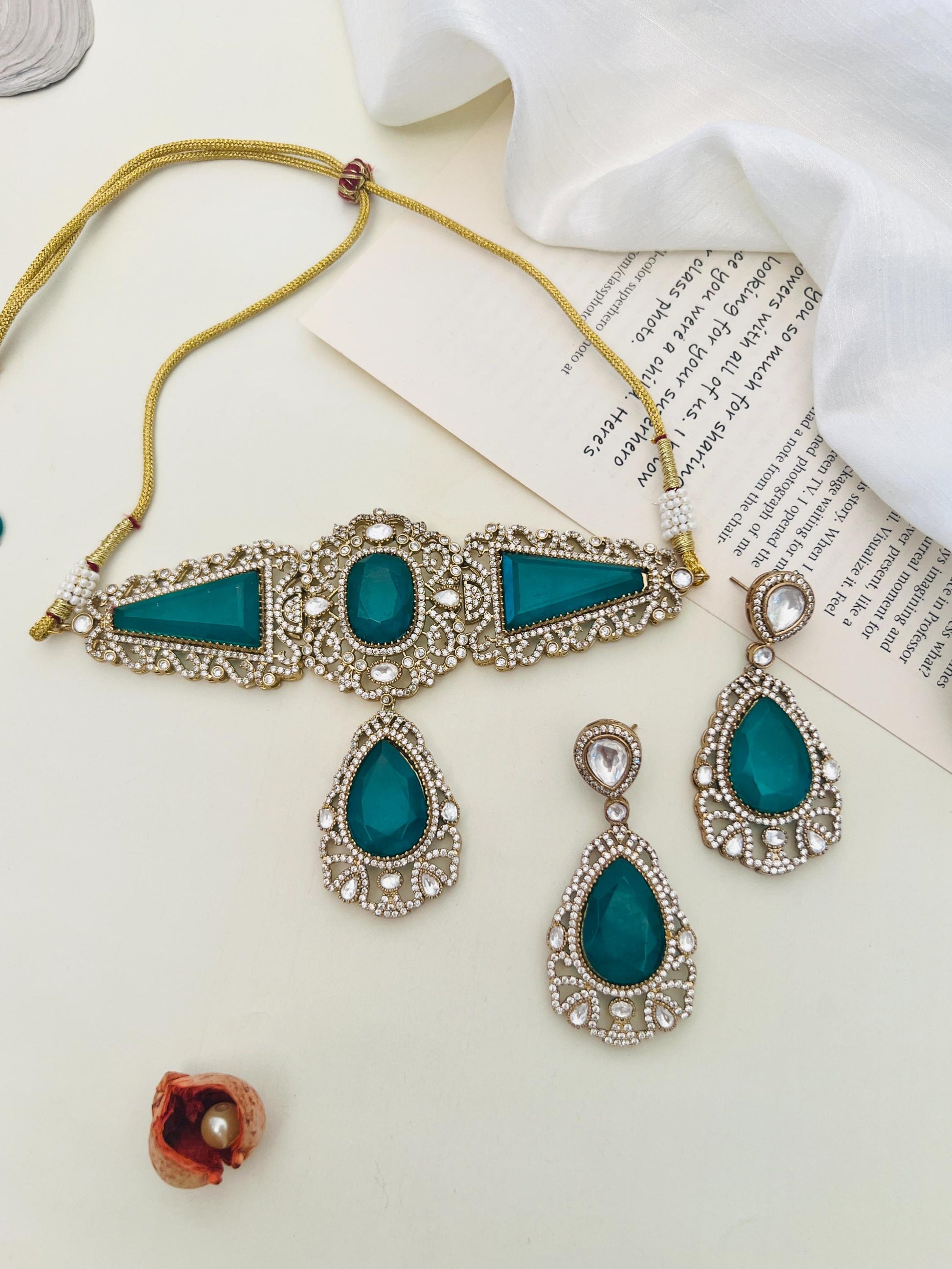 Emerald Gold Plated Necklace Choker Set with green stones and pearl accents by Abdesignsjewellery