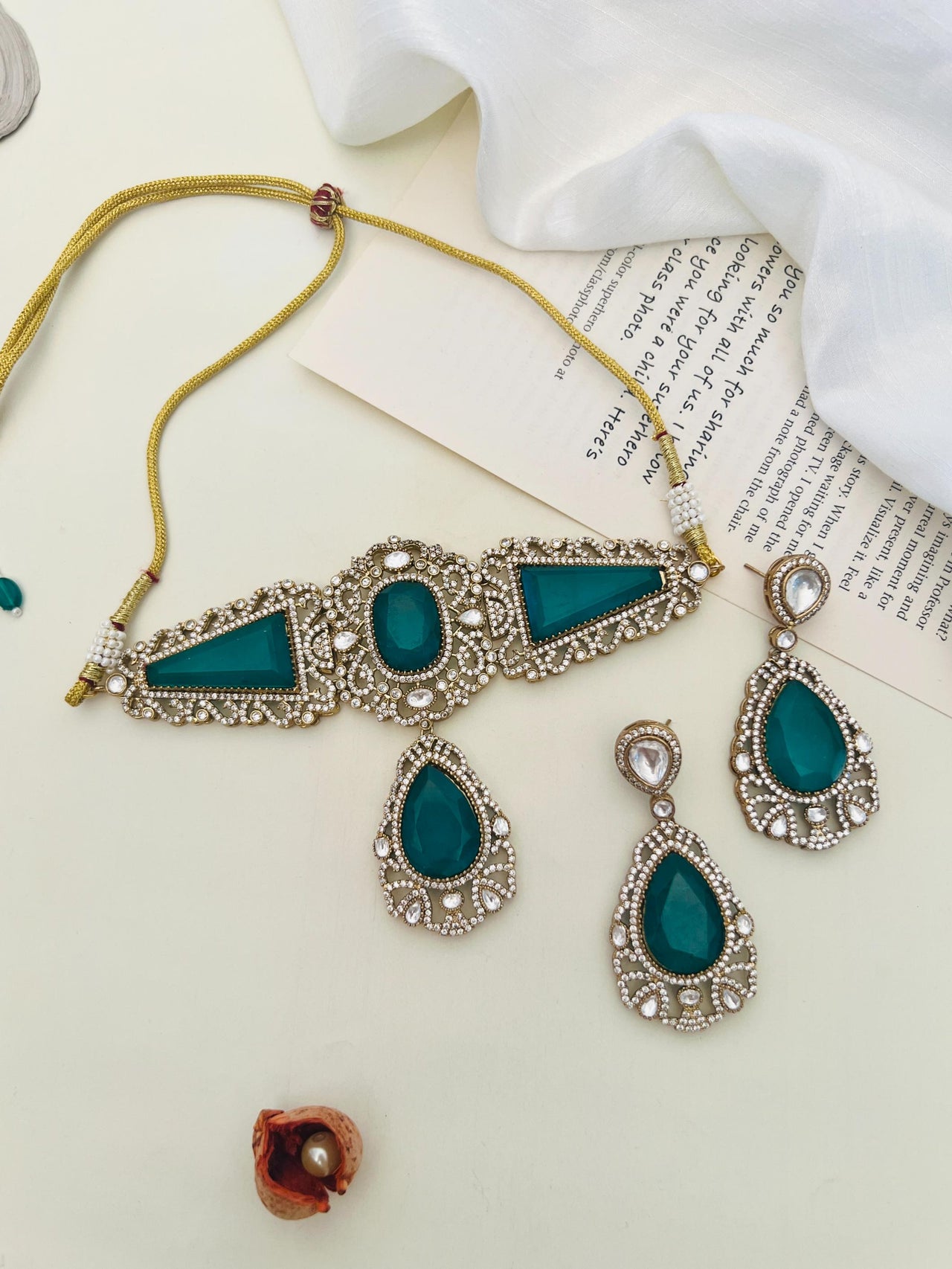 Emerald Gold Plated Necklace Choker Set with green stones and intricate pearl detailing by Abdesignsjewellery