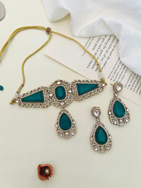 Thumbnail for Emerald Gold Plated Necklace Choker Set with green stones and intricate pearl detailing by Abdesignsjewellery