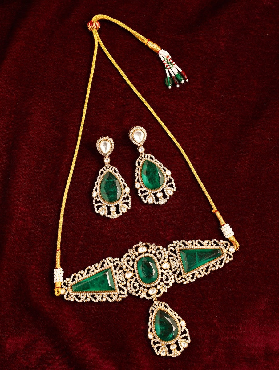Emerald Gold Plated Necklace Choker Set by Abdesignsjewellery with intricate green stones and matching earrings