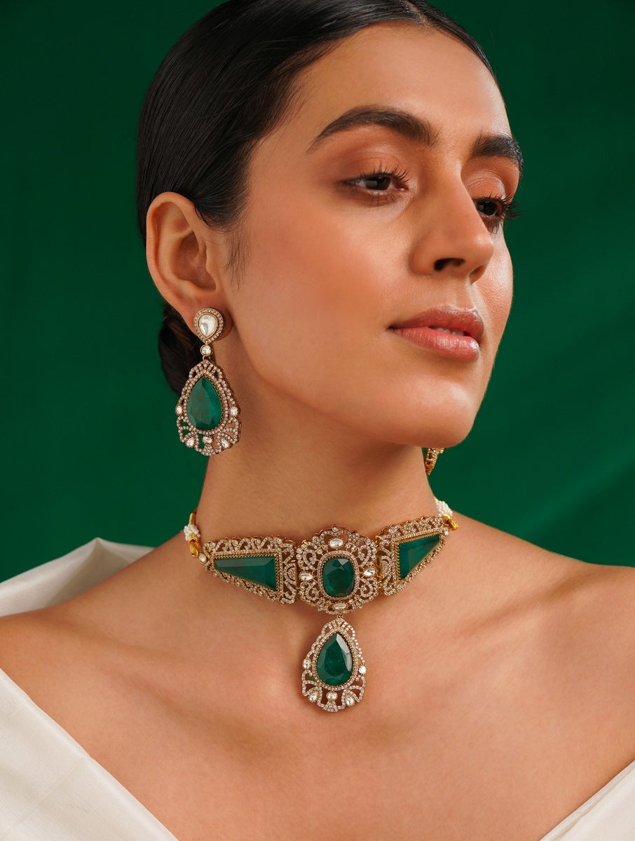 Elegant Emerald Gold Plated Necklace Choker Set with matching earrings on model by Abdesignsjewellery