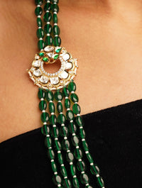 Thumbnail for Emerald Green Polki Layered Mala necklace with green beads and gold polki pendant by Abdesignsjewellery