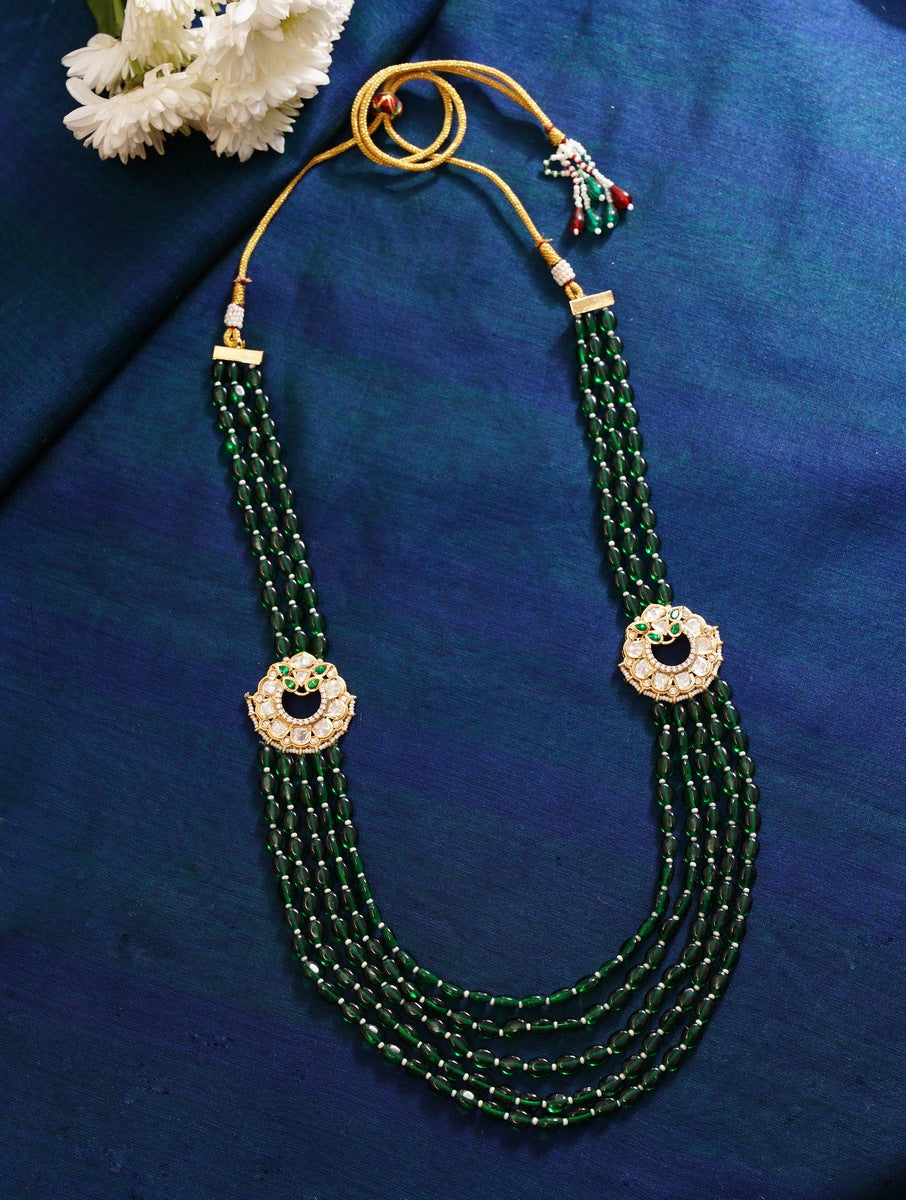 Emerald Green Polki Layered Mala necklace by Abdesignsjewellery with multiple green bead strands and gold accents