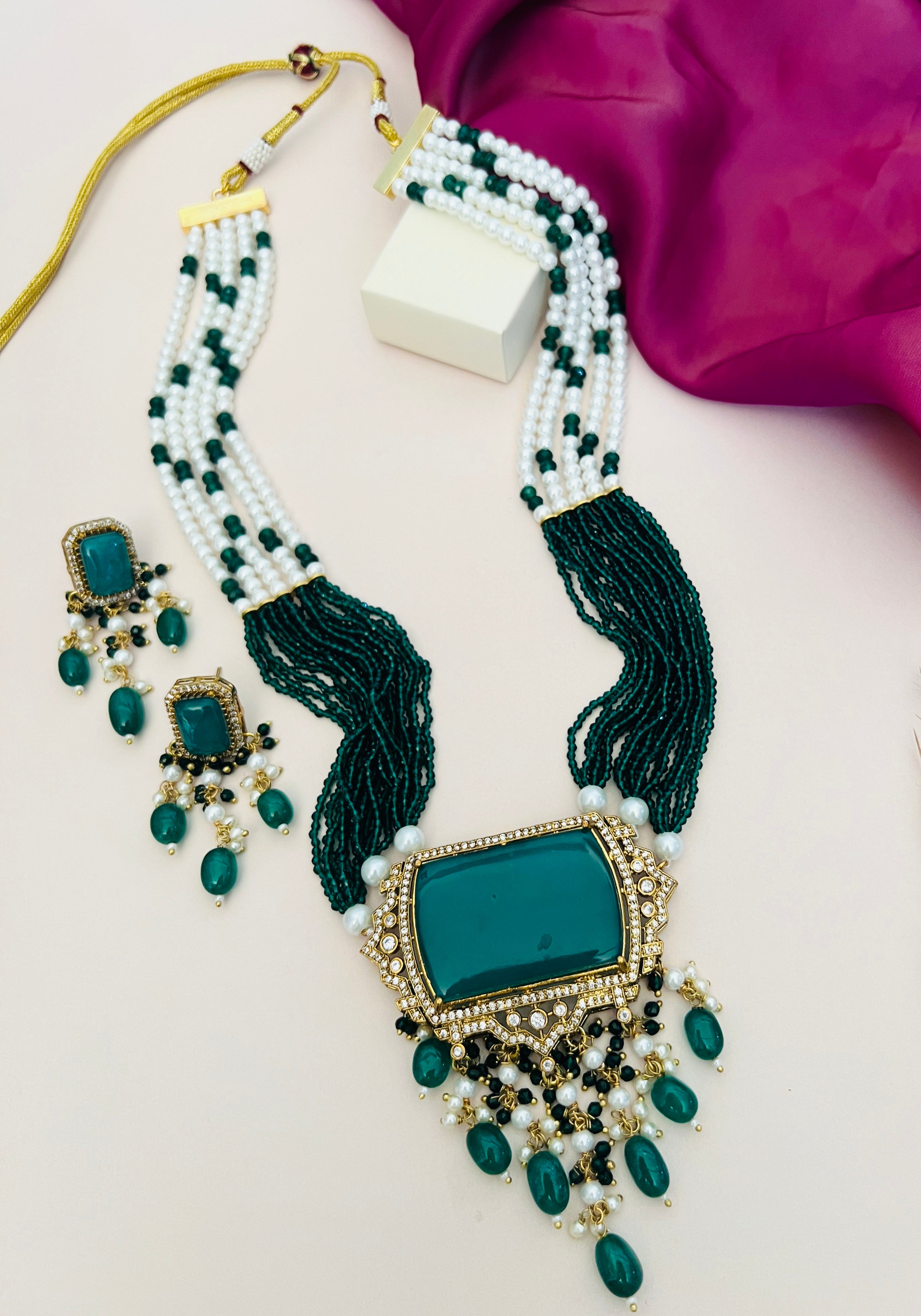 Emerald Green Stones Bridal Necklace Set with multi-strand white and green beads from Abdesignsjewellery