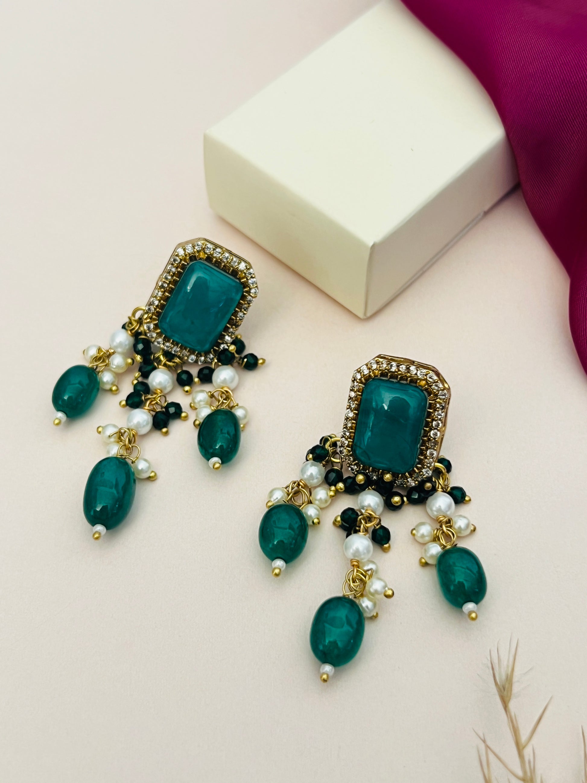 Emerald Green Stones Bridal Necklace Set earrings with gold and pearl accents by Abdesignsjewellery