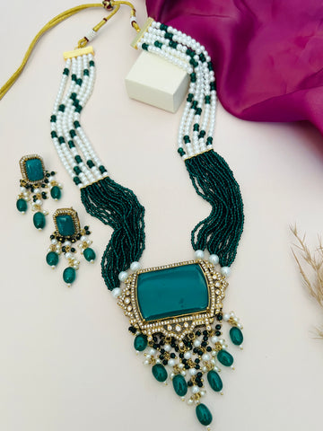 Emerald Green Stones Bridal Necklace Set with multi-strand pearl and green bead design by Abdesignsjewellery