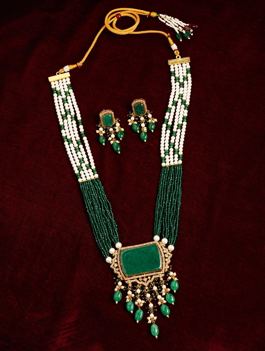 Emerald Green Stones Bridal Necklace Set with green and white beads and matching earrings by Abdesignsjewellery