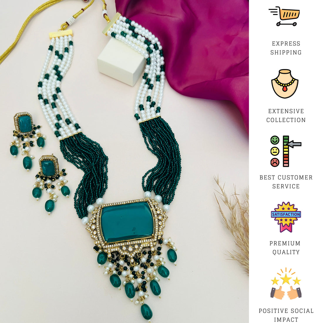 Abdesignsjewellery Emerald Green Stones Bridal Necklace Set with layered beads and matching earrings