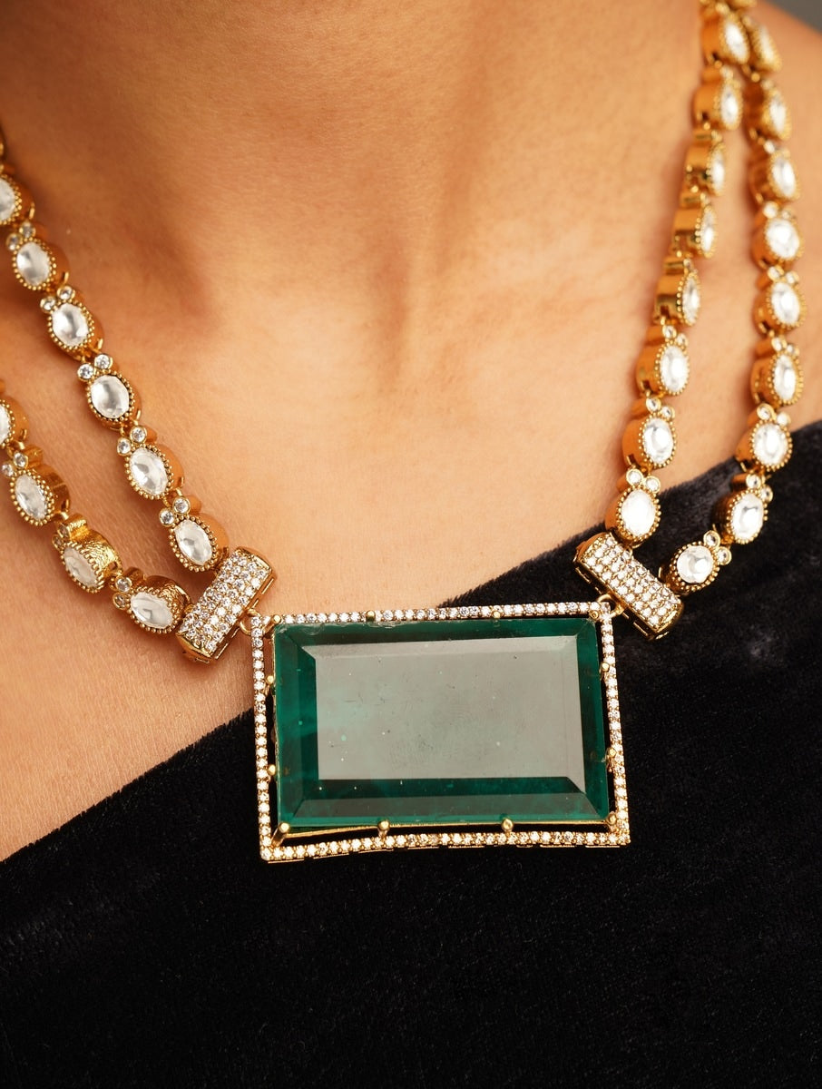 Emerald Polki Bridal Gold Plated Necklace by Abdesignsjewellery with large rectangular green stone and intricate detailing
