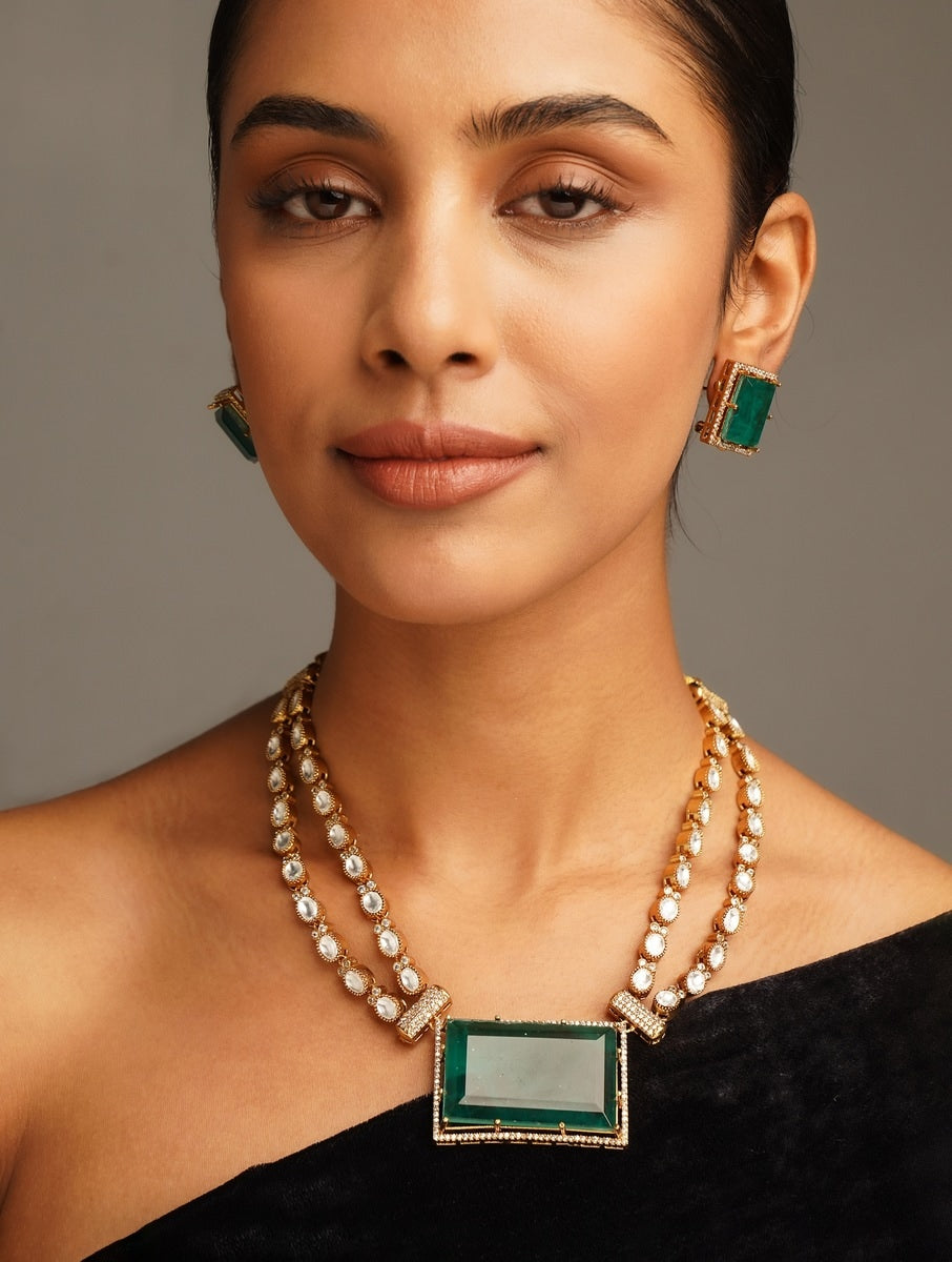 Abdesignsjewellery Emerald Polki Bridal Gold Plated Necklace with green centerpiece and matching earrings