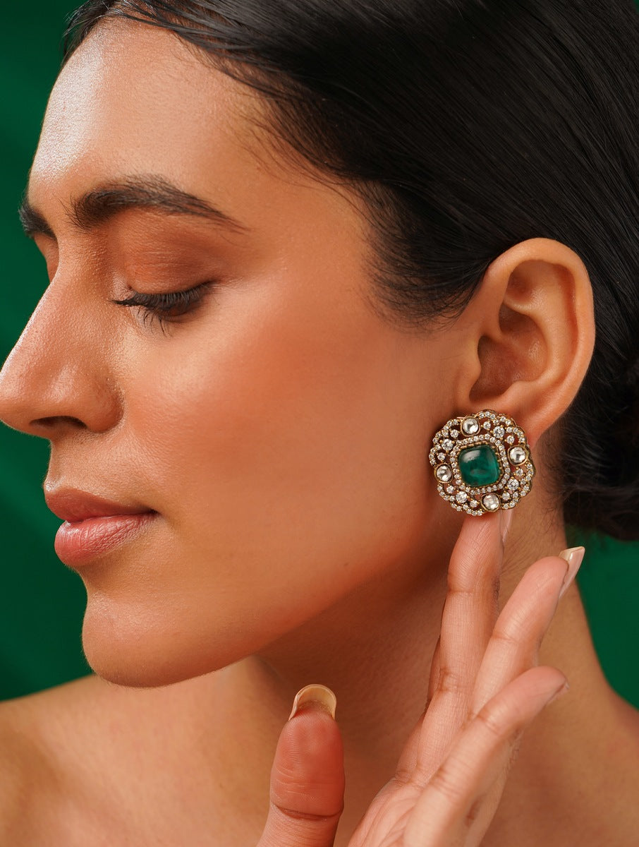 Abdesignsjewellery Emerald Polki Diamond Stud Earring worn by woman showing detailed craftsmanship