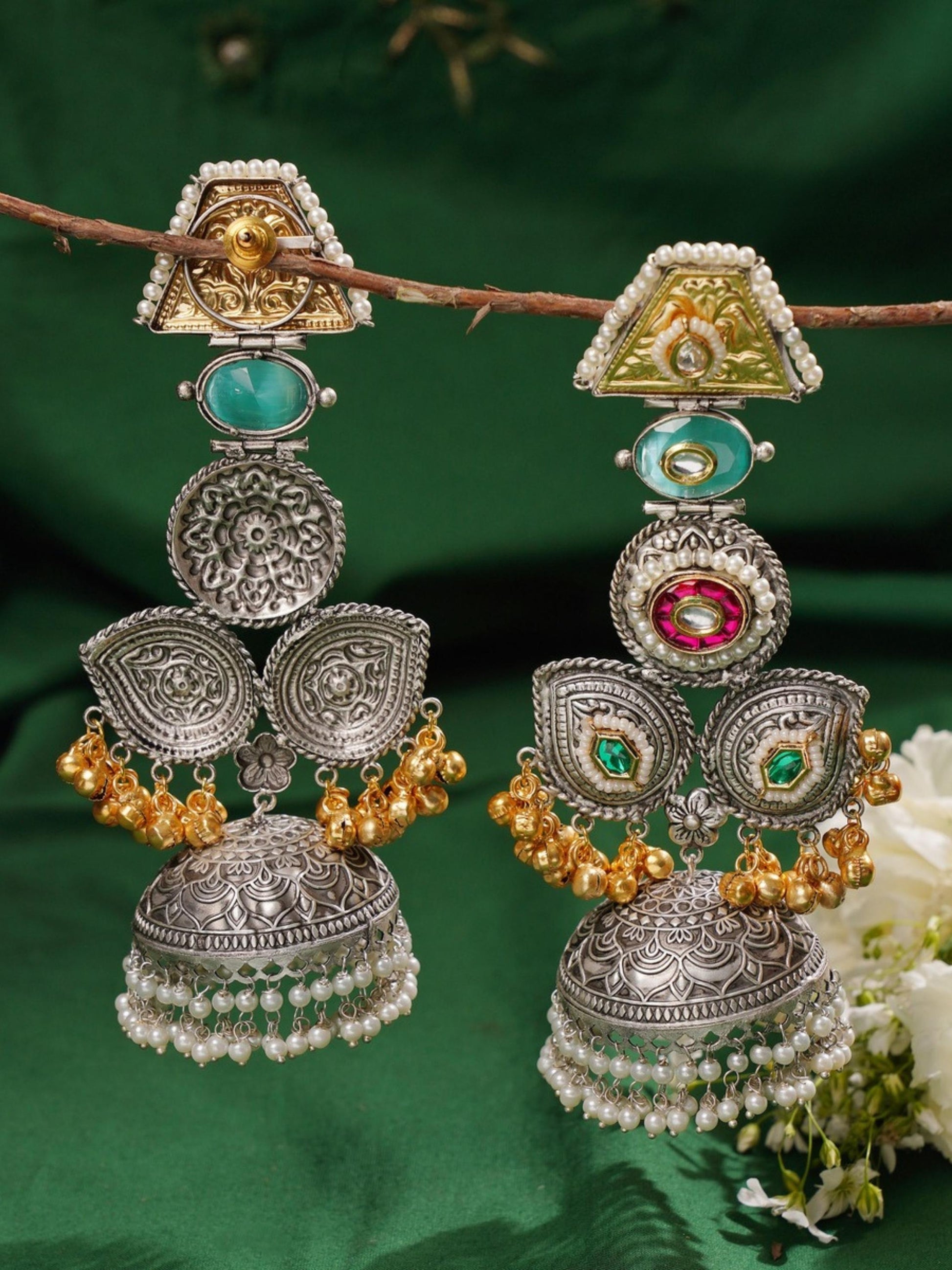Exotic Long DualTone Gungru Jhumka Earrings by Abdesignsjewellery with intricate silver and gold detailing