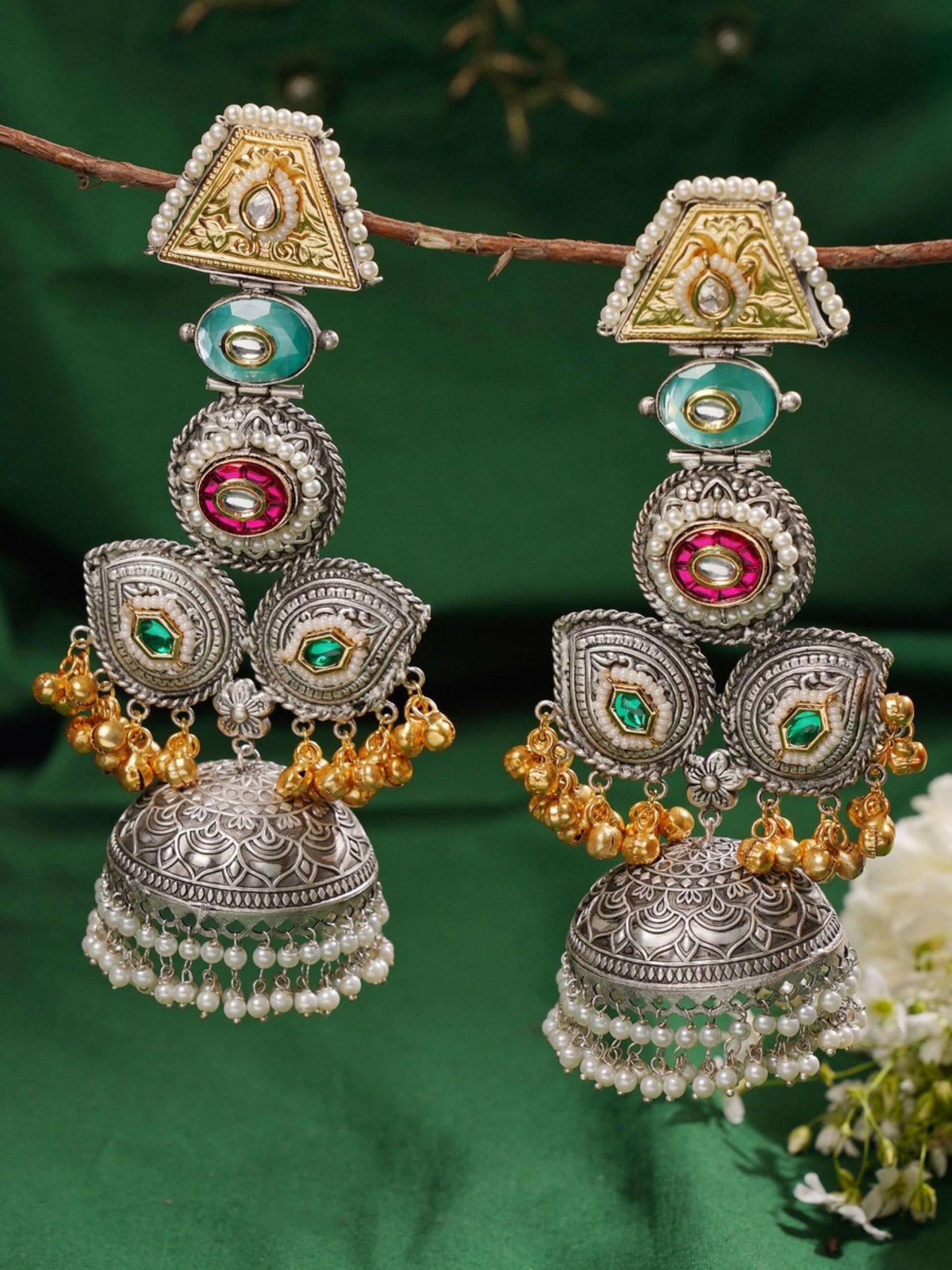 Exotic Long DualTone Gungru Jhumka Earrings by Abdesignsjewellery featuring intricate silver and gold detailing with colorful stones and pearl accents