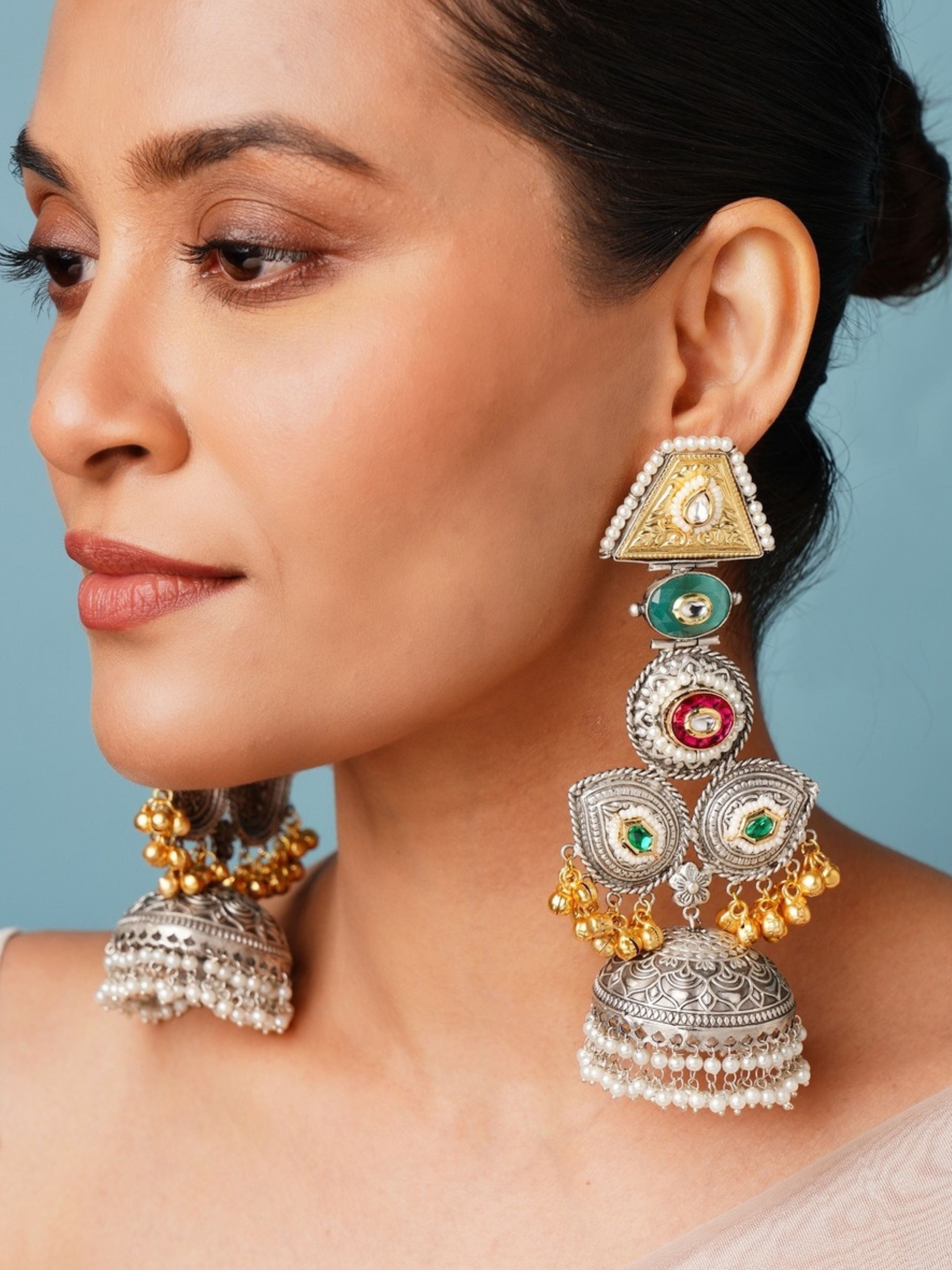 Abdesignsjewellery Exotic Long DualTone Gungru Jhumka Earrings with intricate silver and gold design
