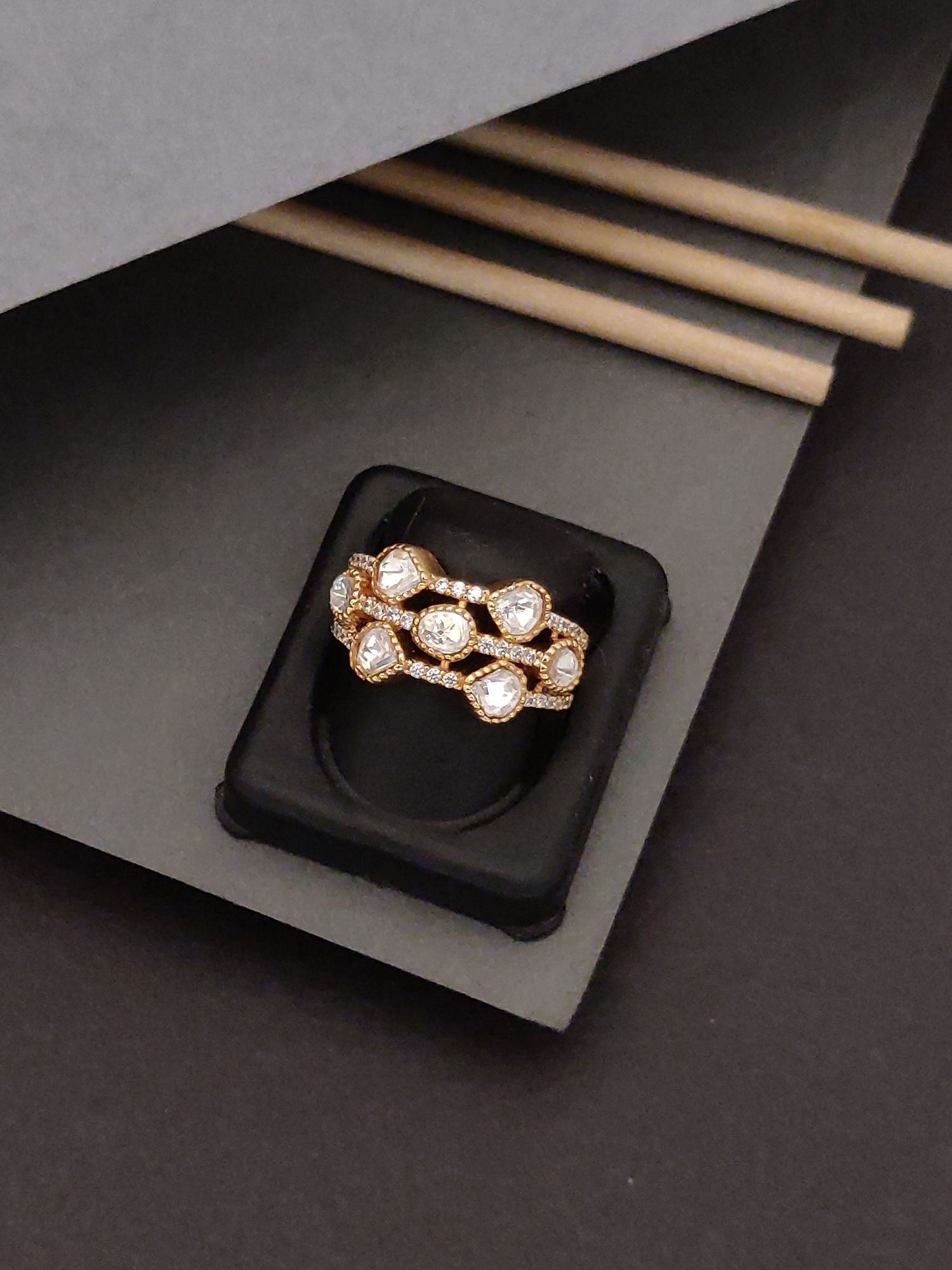 Exquisite Gold Plated Polki Ring with intricate design and sparkling stones by Abdesignsjewellery