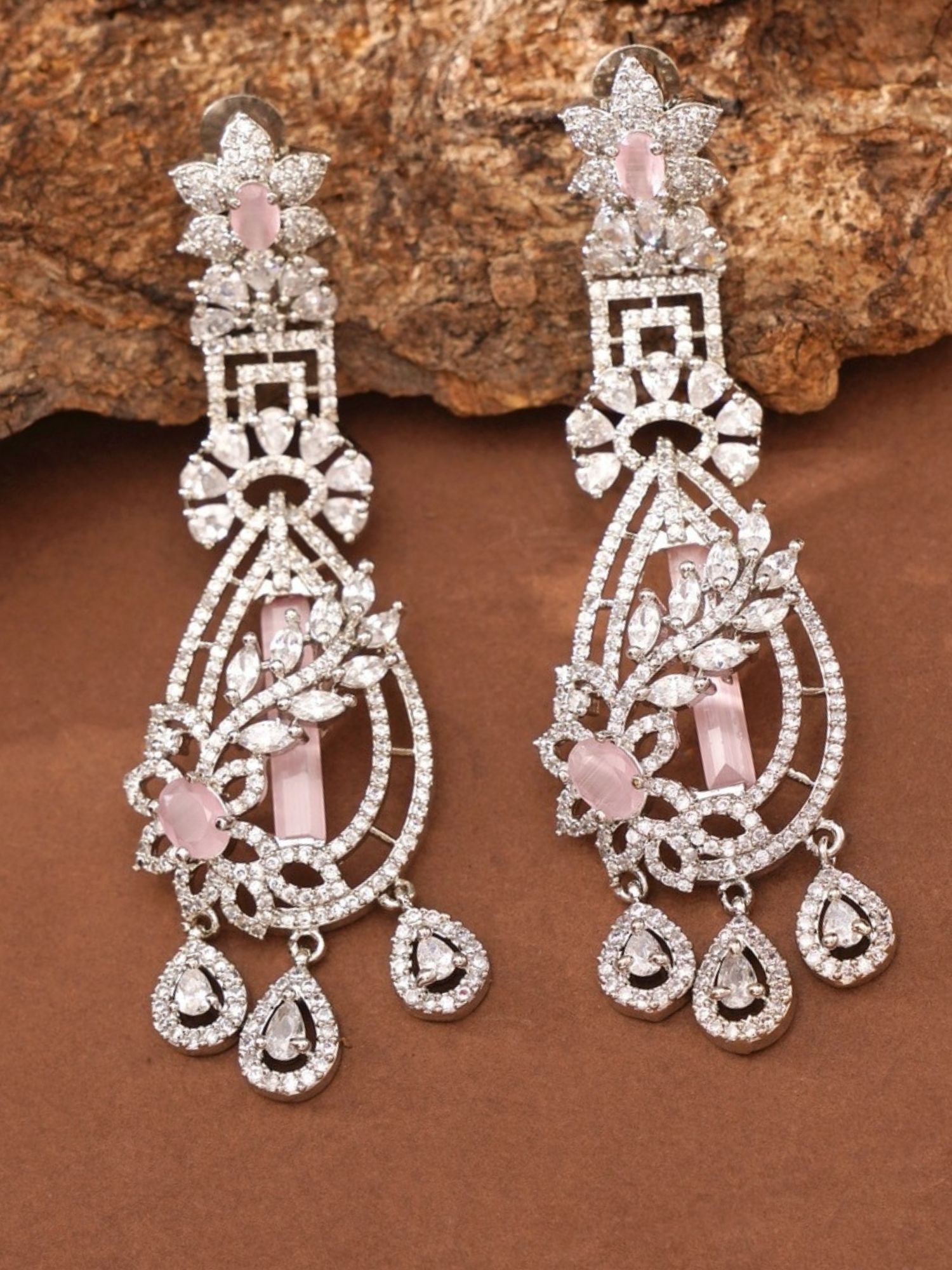 Fascinating Silver Plated Pink American Diamond Earring with intricate floral and geometric design