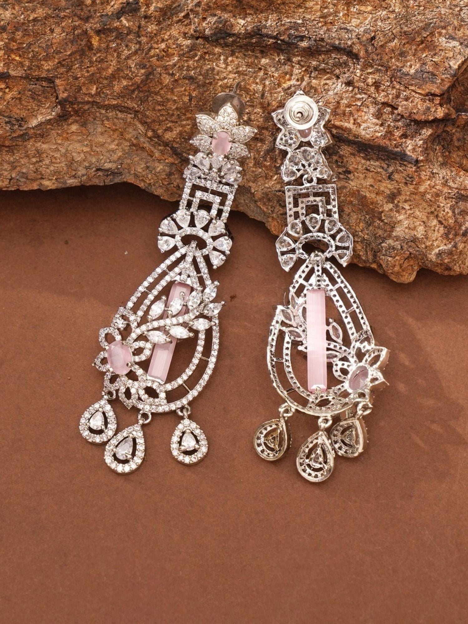 Fascinating Silver Plated Pink American Diamond Earring with intricate floral and geometric design by Abdesignsjewellery