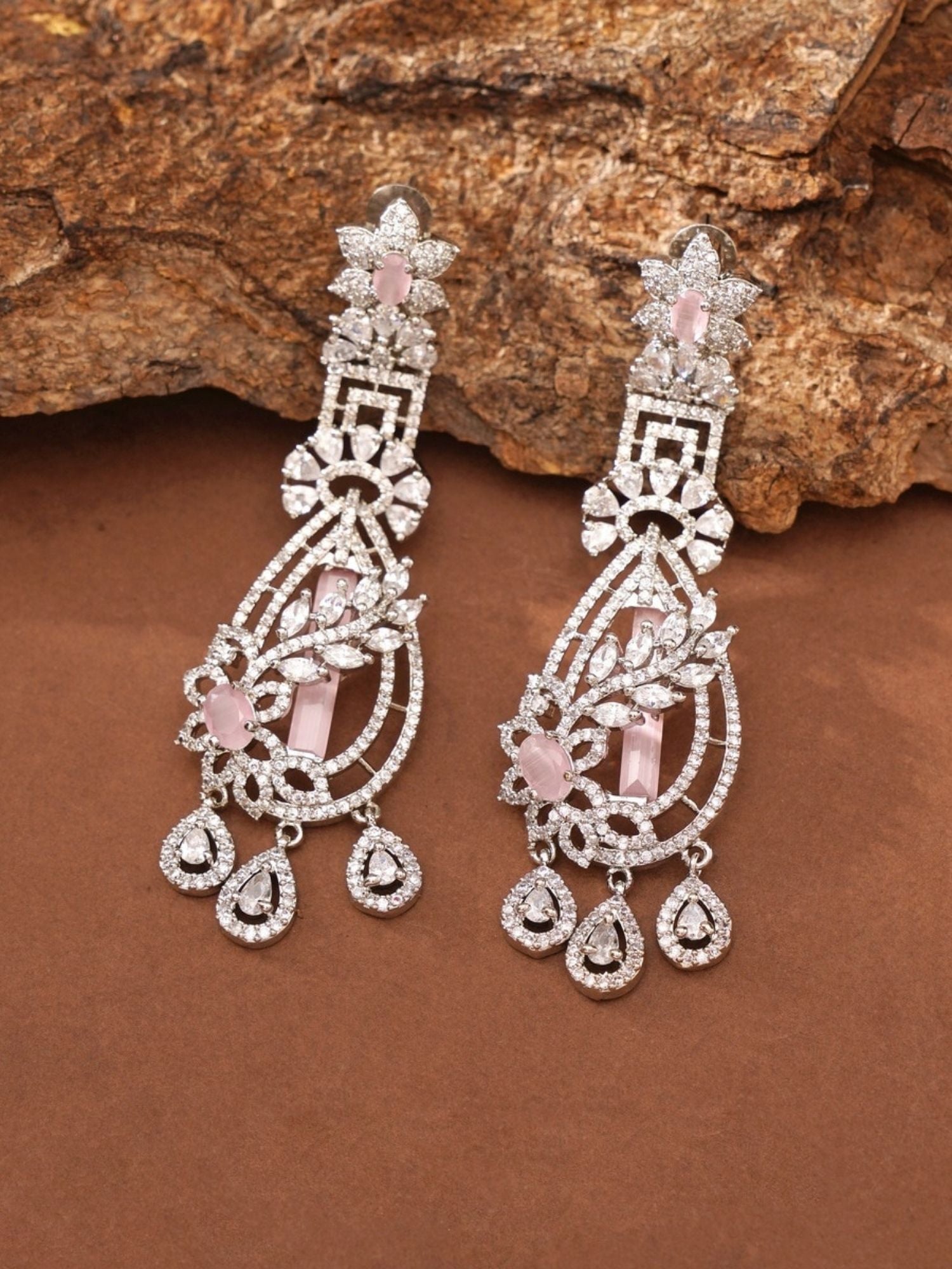 Fascinating Silver Plated Pink American Diamond Earring with intricate floral and teardrop design