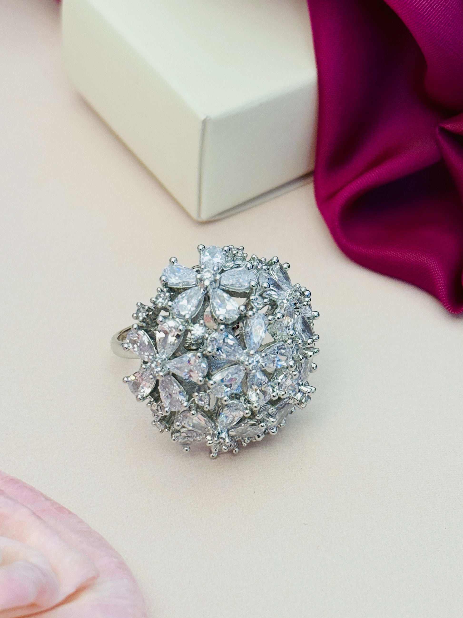 Floral Silver Plated Zircon Cocktail Party Ring with detailed flower design and sparkling stones