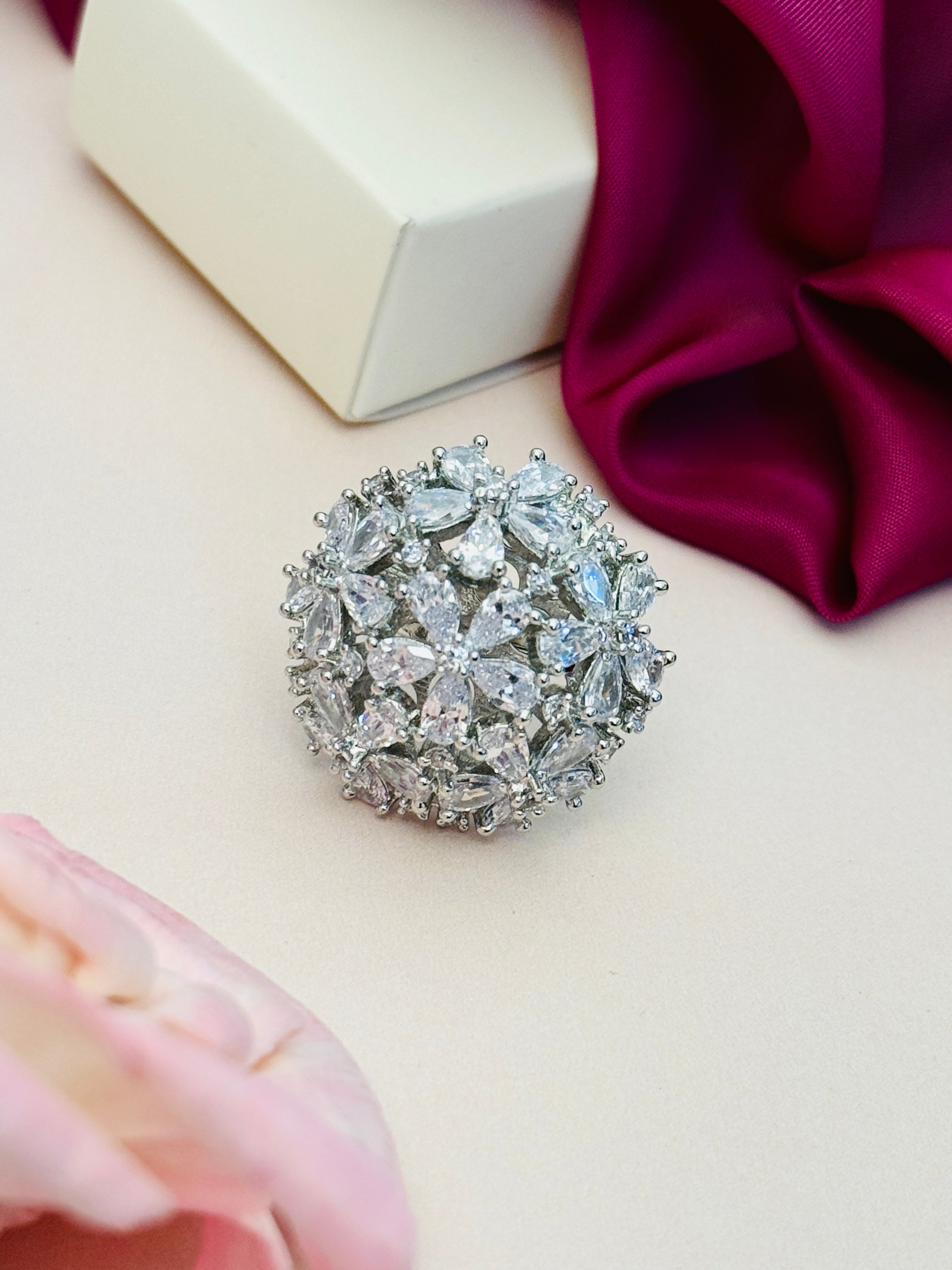 Floral Silver Plated Zircon Cocktail Party Ring with sparkling flower design by Abdesignsjewellery