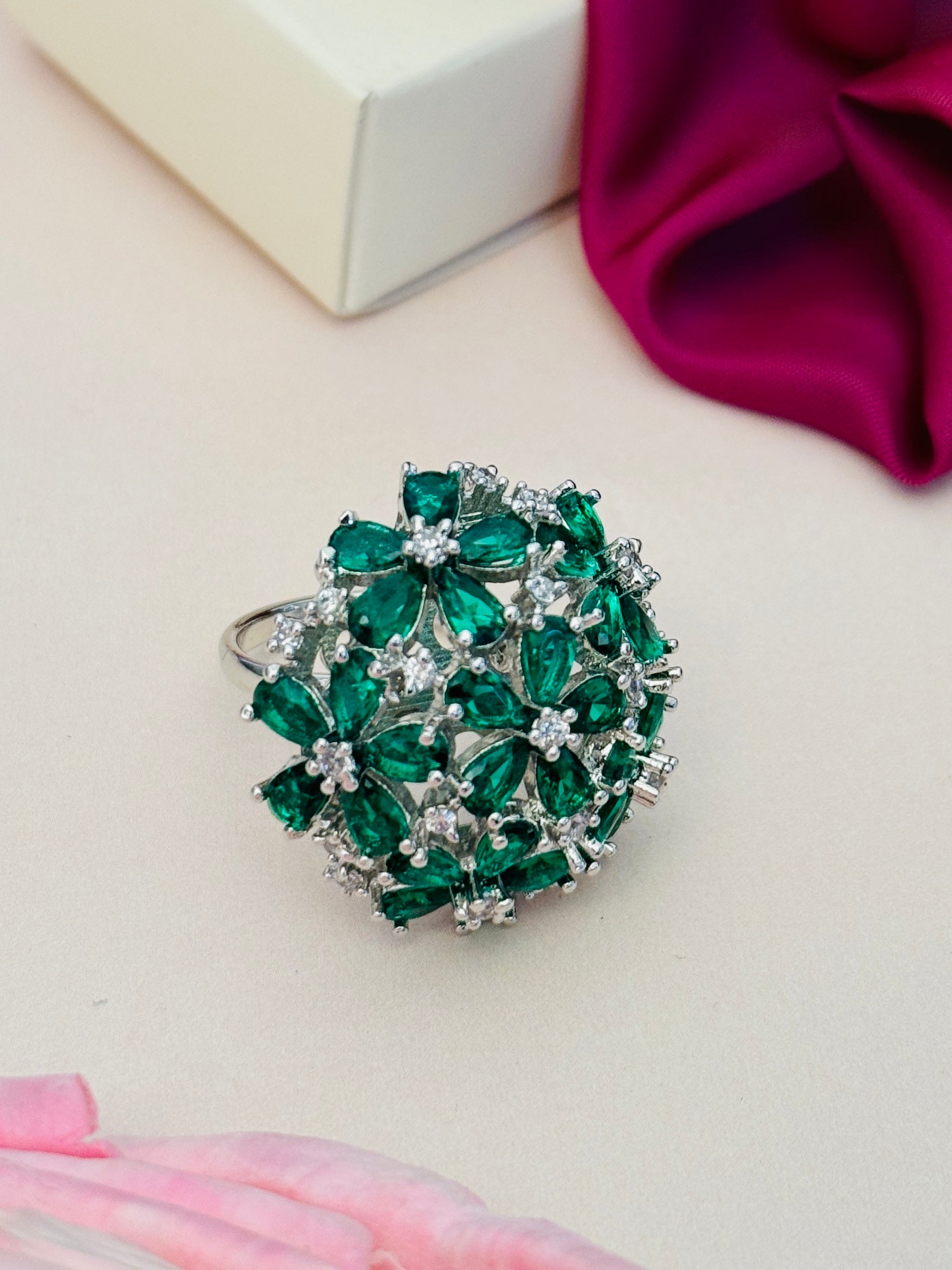 Floral Silver Plated Zircon Cocktail Party Ring with green and clear stones in flower design