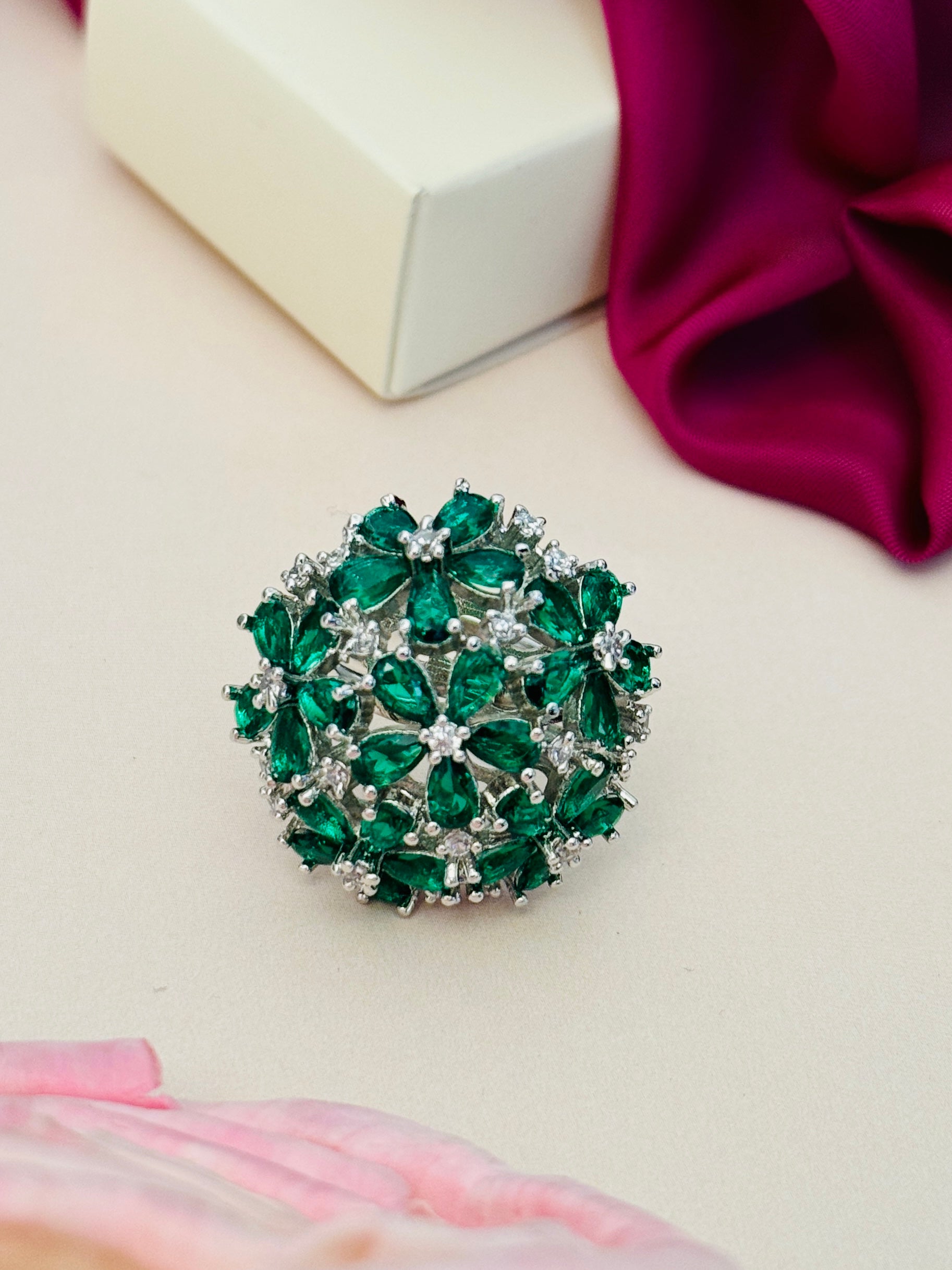 Floral Silver Plated Zircon Cocktail Party Ring with green and clear stones by Abdesignsjewellery