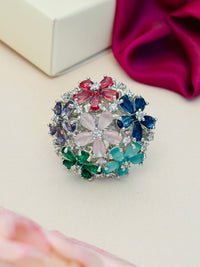 Thumbnail for Floral Silver Plated Zircon Cocktail Party Ring with multicolored flower-shaped stones on a white surface