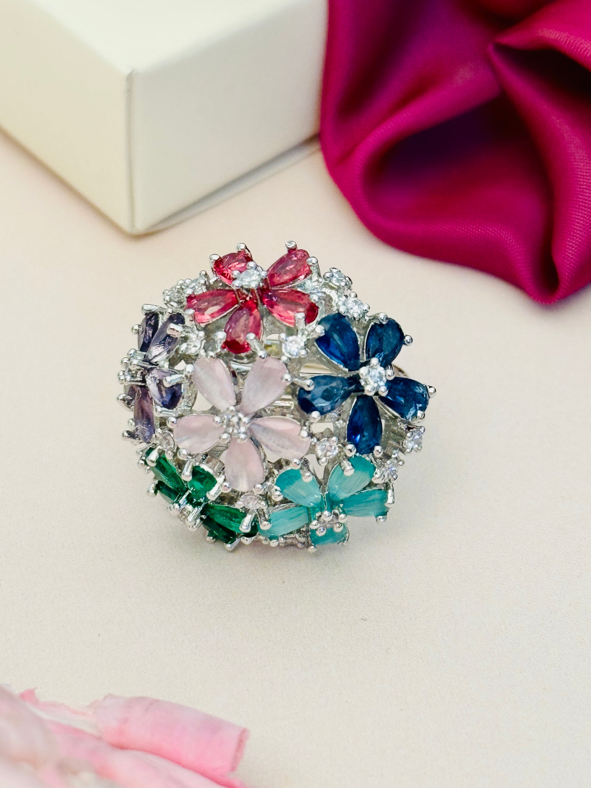 Floral Silver Plated Zircon Cocktail Party Ring featuring multicolored flower designs with sparkling stones
