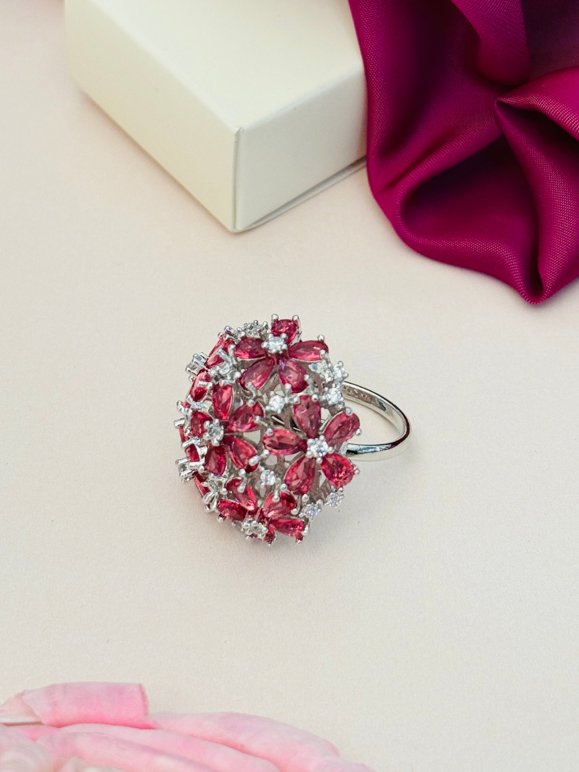 Floral Silver Plated Zircon Cocktail Party Ring with pink flower design and clear stones
