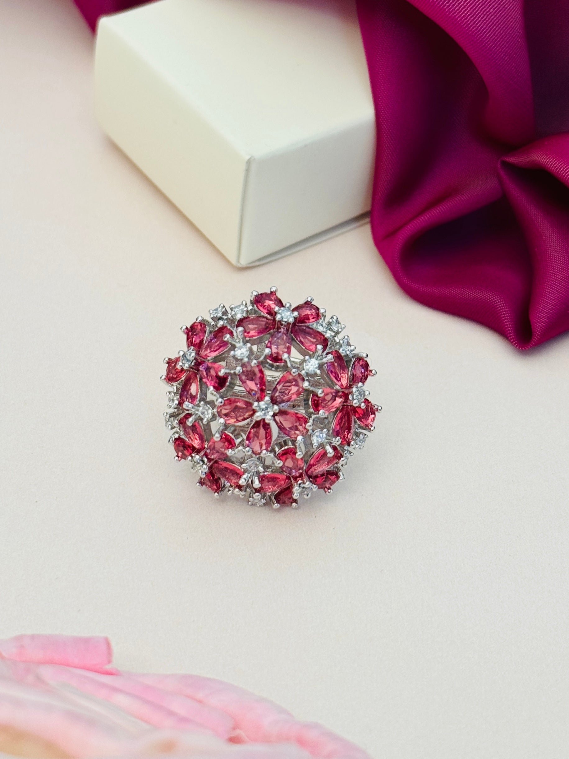Floral Silver Plated Zircon Cocktail Party Ring with pink and clear stones in a flower design