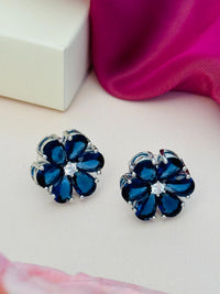 Thumbnail for Flower CZ Crystal Silver Plated Stud earrings with blue petal stones and clear center crystal