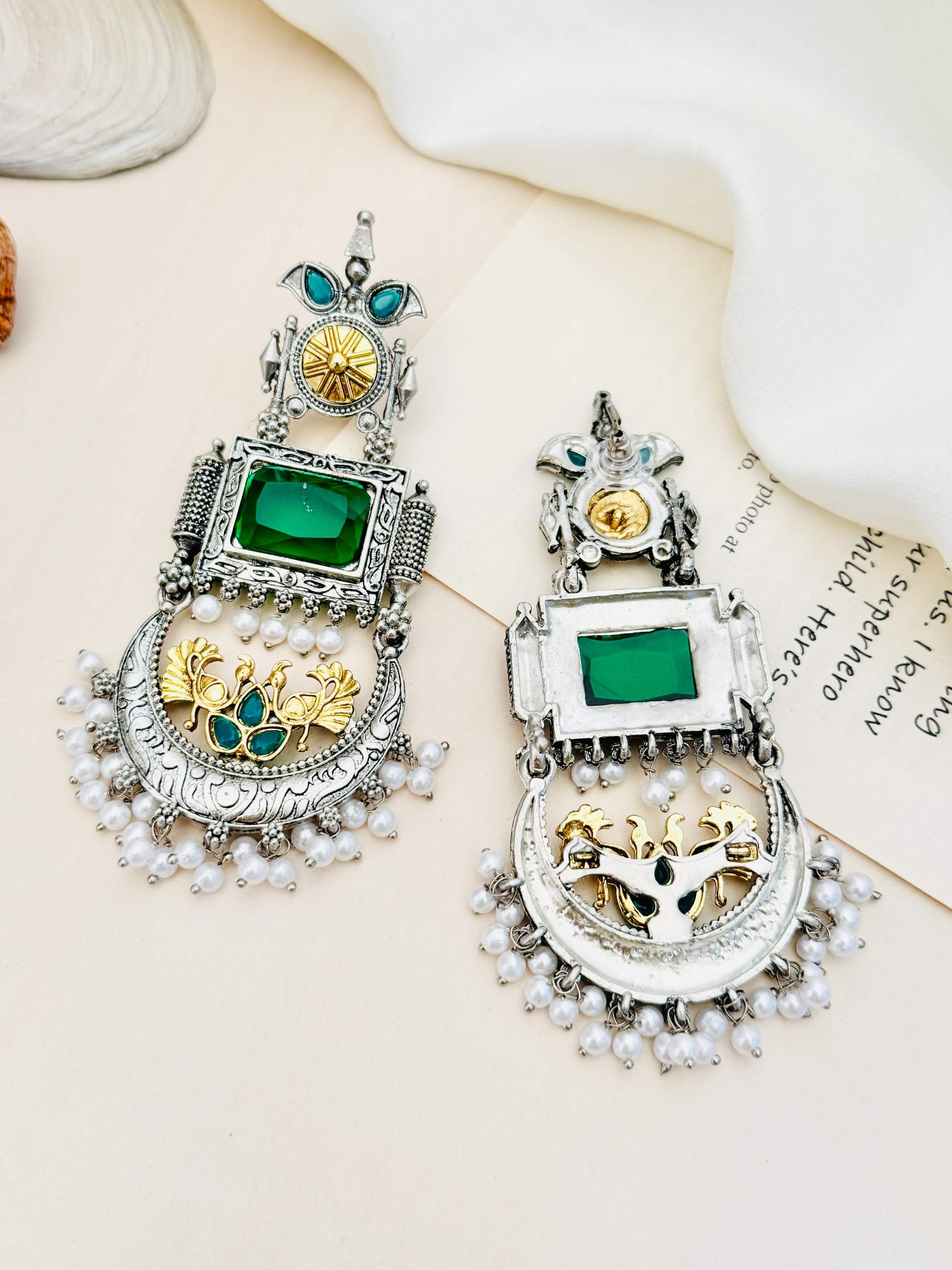 Abdesignsjewellery German Silver Dual Tone Peacock Earrings with green stones and pearl