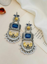 Thumbnail for Abdesignsjewellery German Silver Dual Tone Peacock Earrings with blue stones and pearl 
