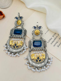 Thumbnail for Abdesignsjewellery German Silver Dual Tone Peacock Earrings with blue stones and pearl detailing
