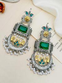 Thumbnail for German Silver Dual Tone Peacock Earrings with green stones and pearl accents by Abdesignsjewellery
