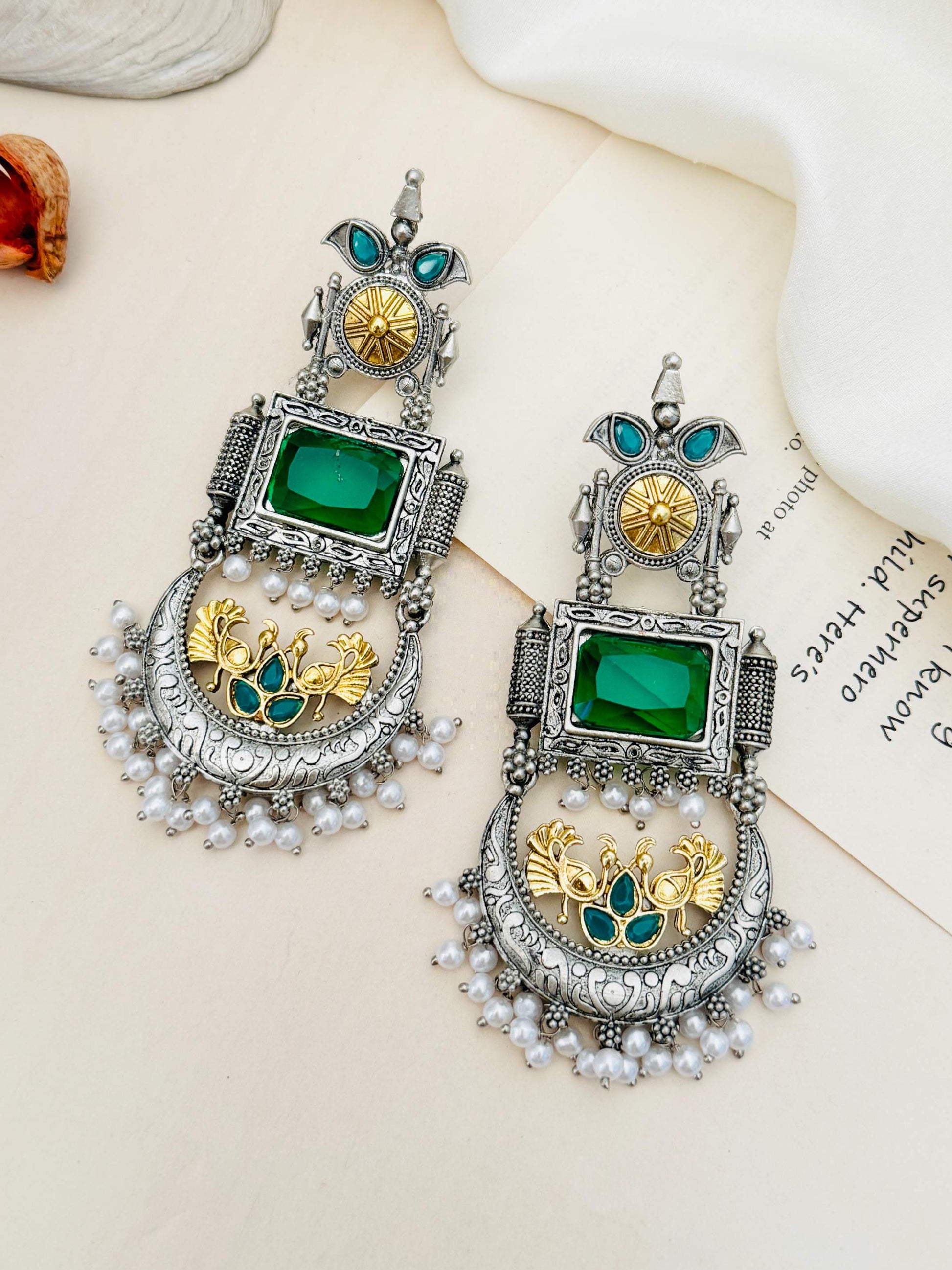 Abdesignsjewellery German Silver Dual Tone Peacock Earrings with green stones and pearl 