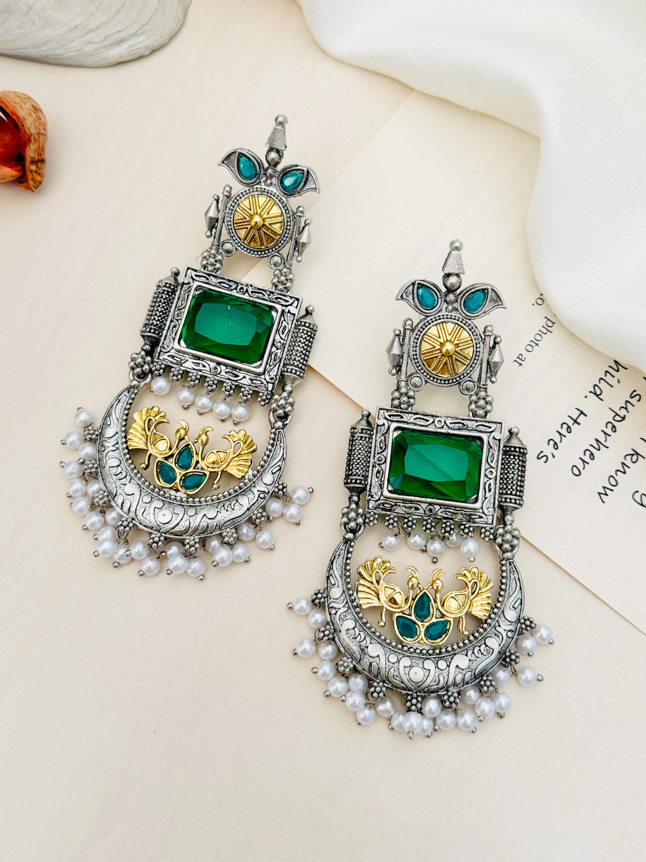 Abdesignsjewellery German Silver Dual Tone Peacock Earrings with green stones and pearl 