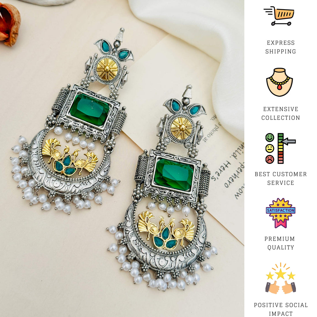 Close-up of woman wearing Abdesignsjewellery German Silver Dual Tone Peacock Earrings with intricate design and pearl accents