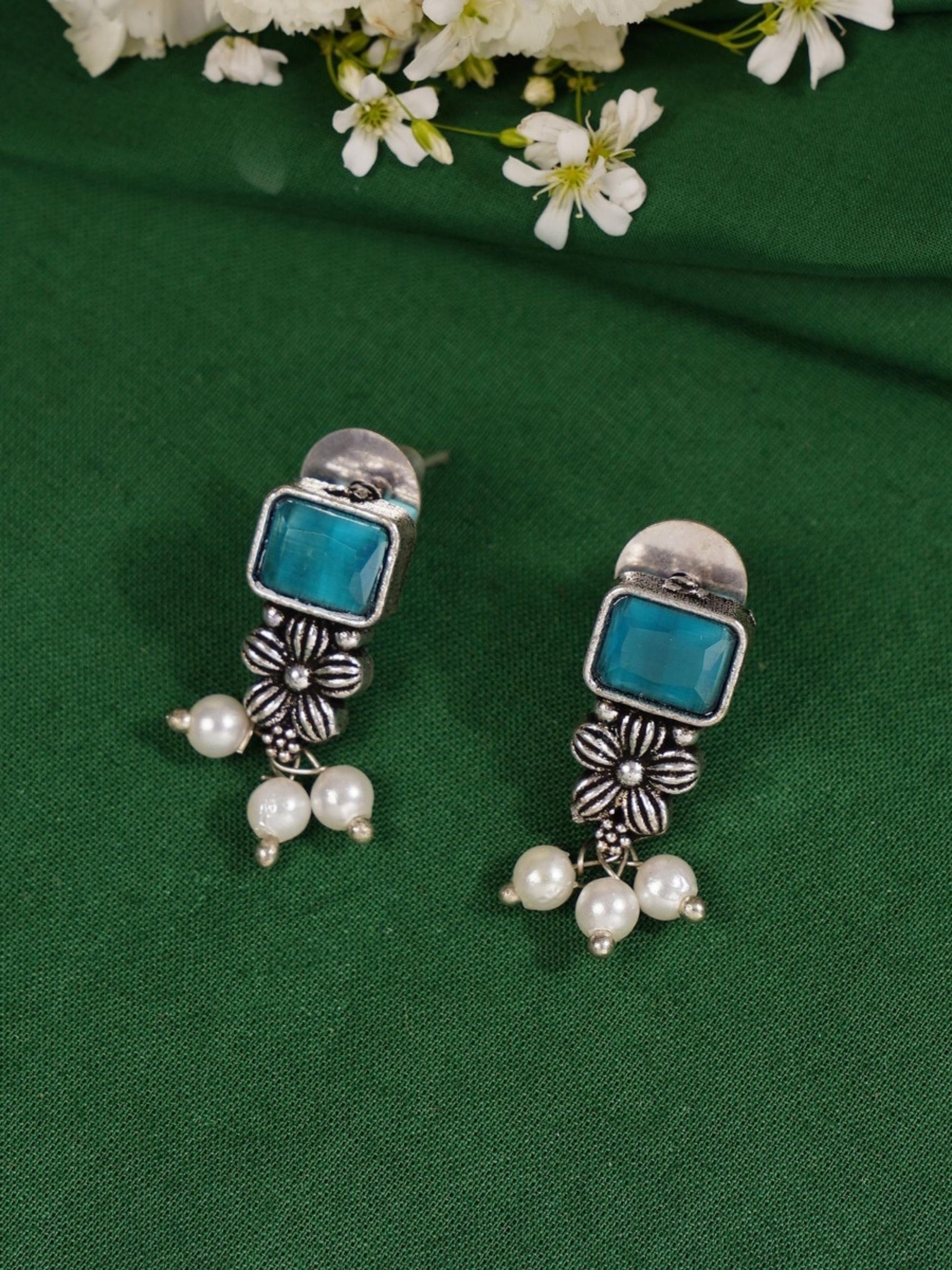 Abdesignsjewellery German Silver Multicolour Floral Necklace Set with blue stones and pearl accents