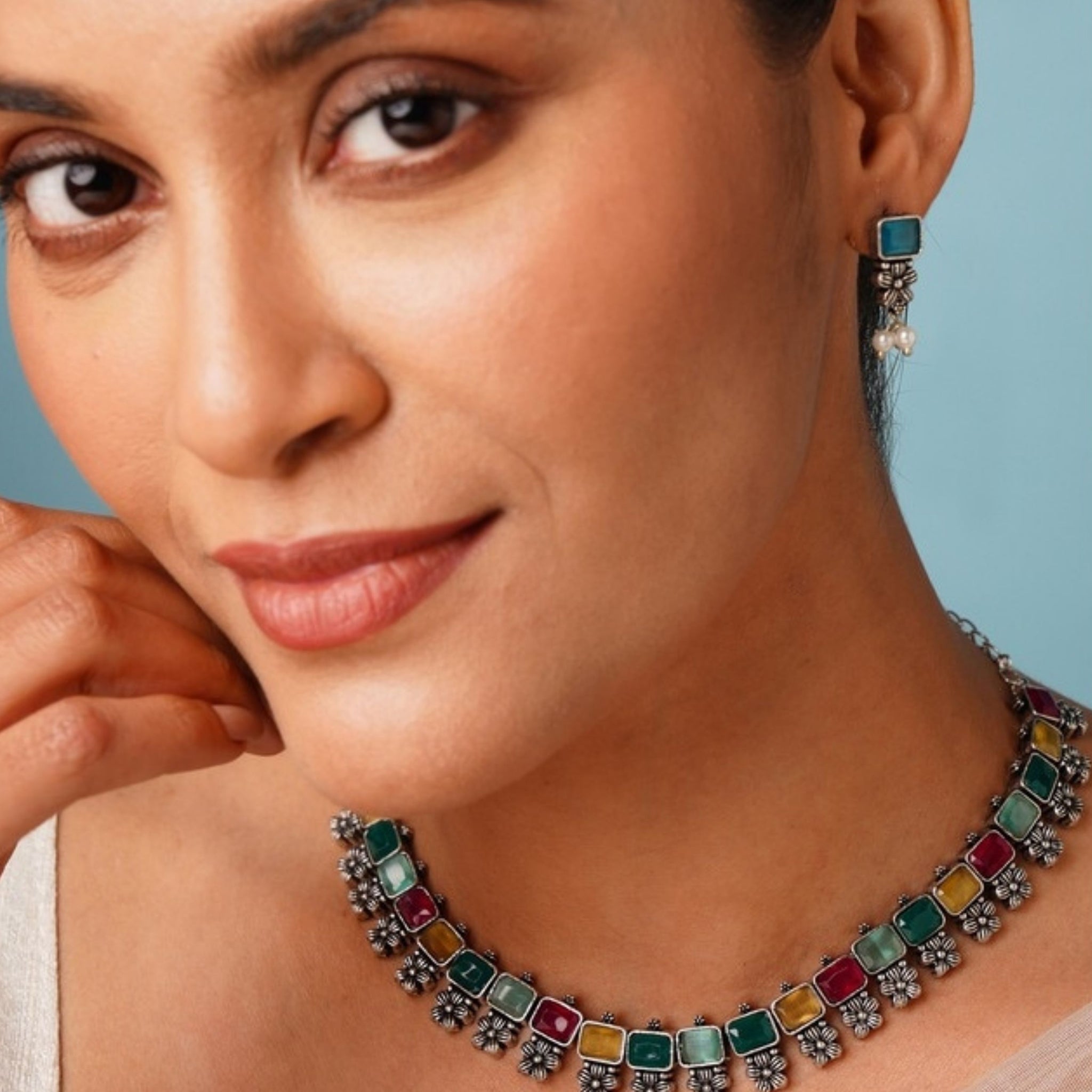 Abdesignsjewellery German Silver Multicolour Floral Necklace Set worn on model with matching earrings