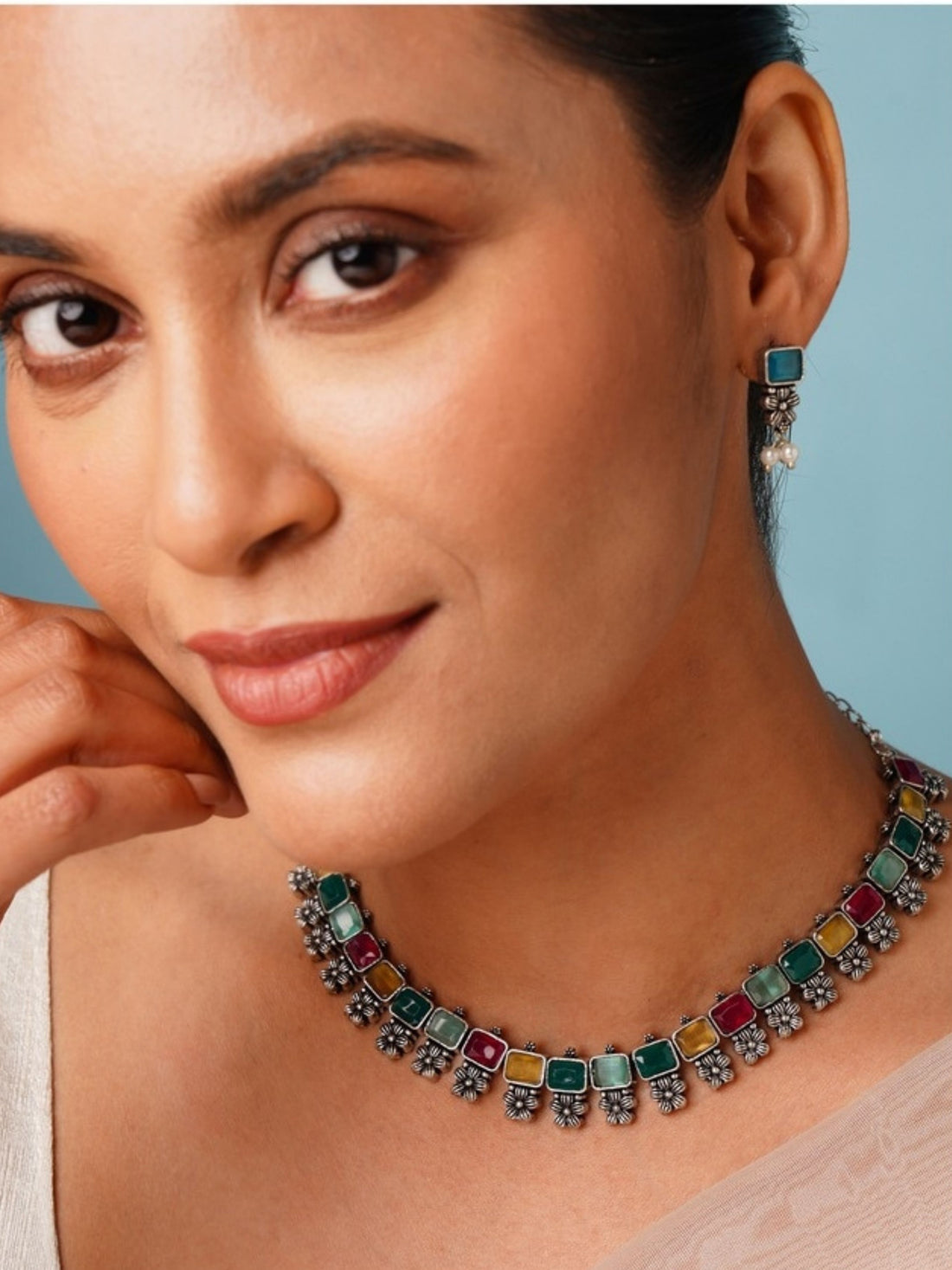 Abdesignsjewellery German Silver Multicolour Floral Necklace Set worn on model with matching earrings