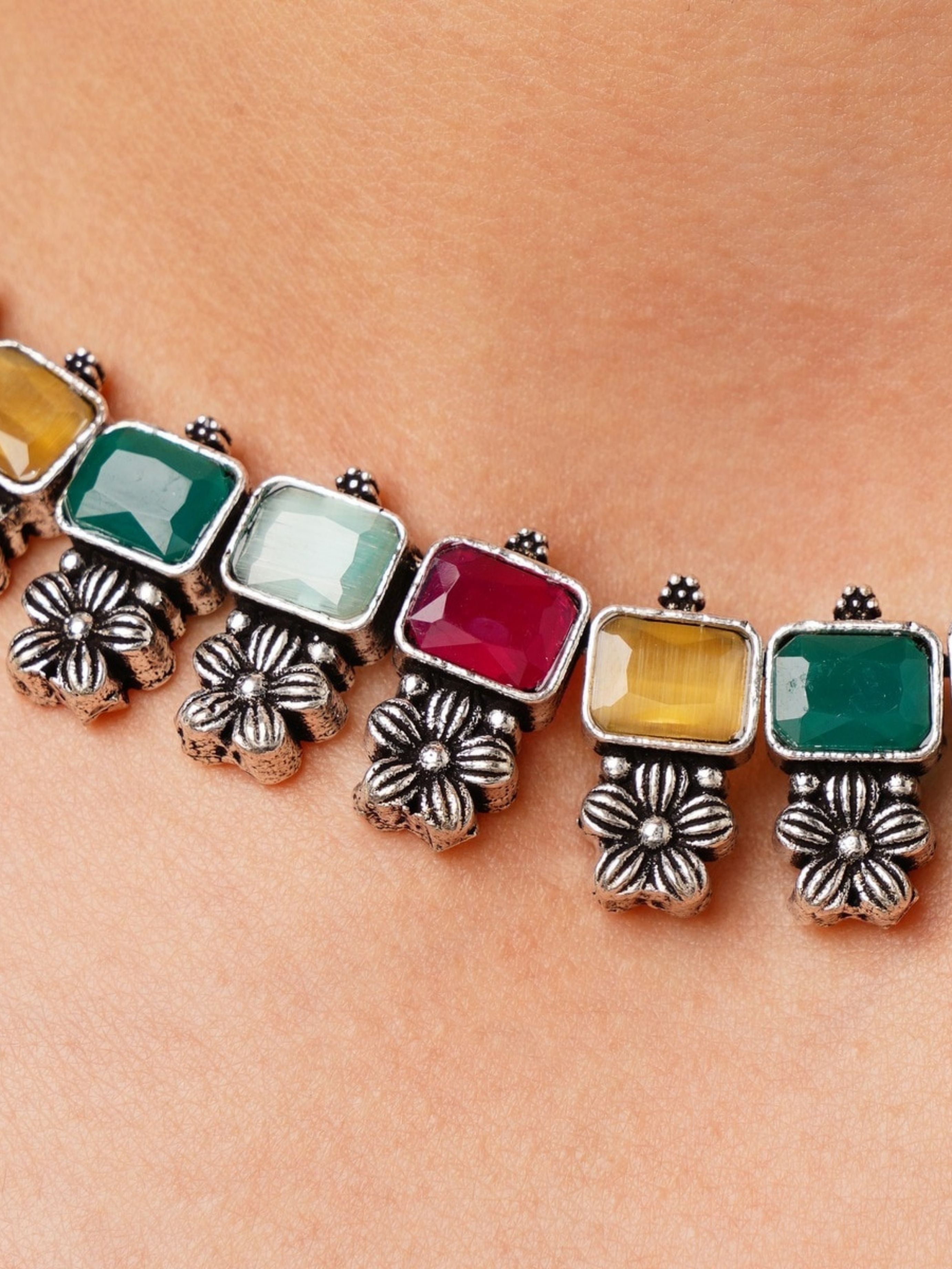 Abdesignsjewellery German Silver Multicolour Floral Necklace Set with colorful stones and floral design