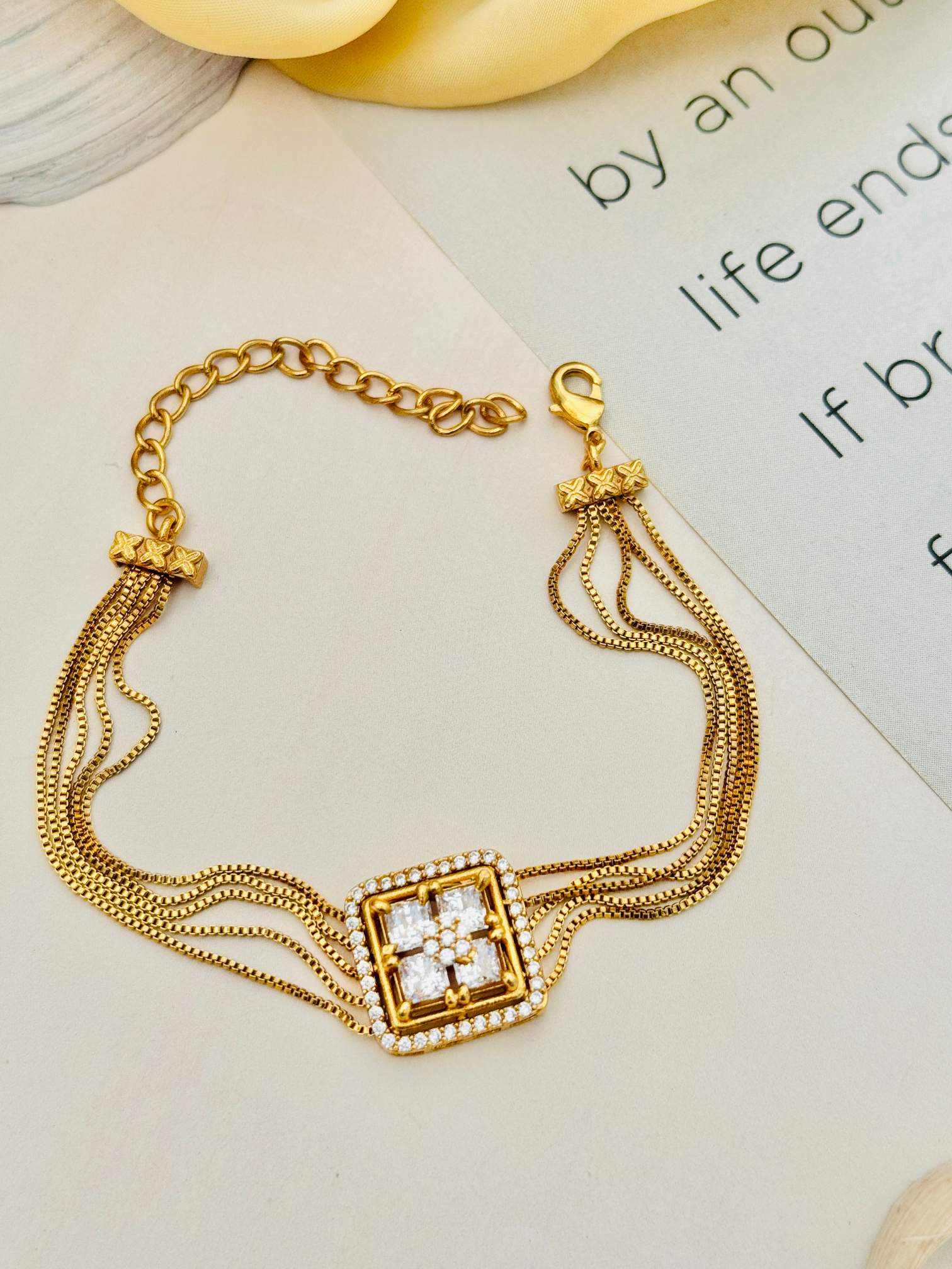 Gold Plated American Diamond Hand Bracelet with multi-chain design and square centerpiece from Abdesignsjewellery