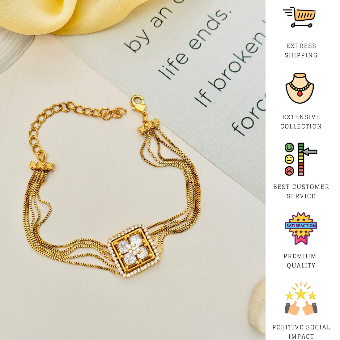 Gold Plated American Diamond Hand Bracelet by Abdesignsjewellery worn on wrist with elegant black outfit