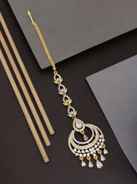 Thumbnail for Elegant Gold Plated American Diamond MaangTikka with intricate design and dangling embellishments