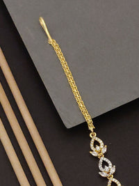 Thumbnail for Elegant Gold Plated American Diamond MaangTikka with intricate floral design and chain detail