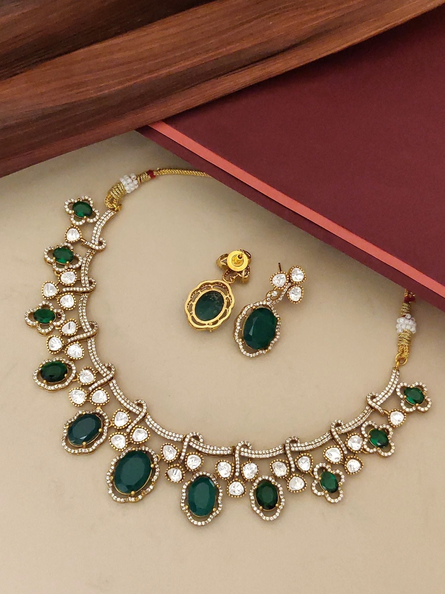 Gold Plated American Diamond Necklace Set with Green Stones and Matching Earrings