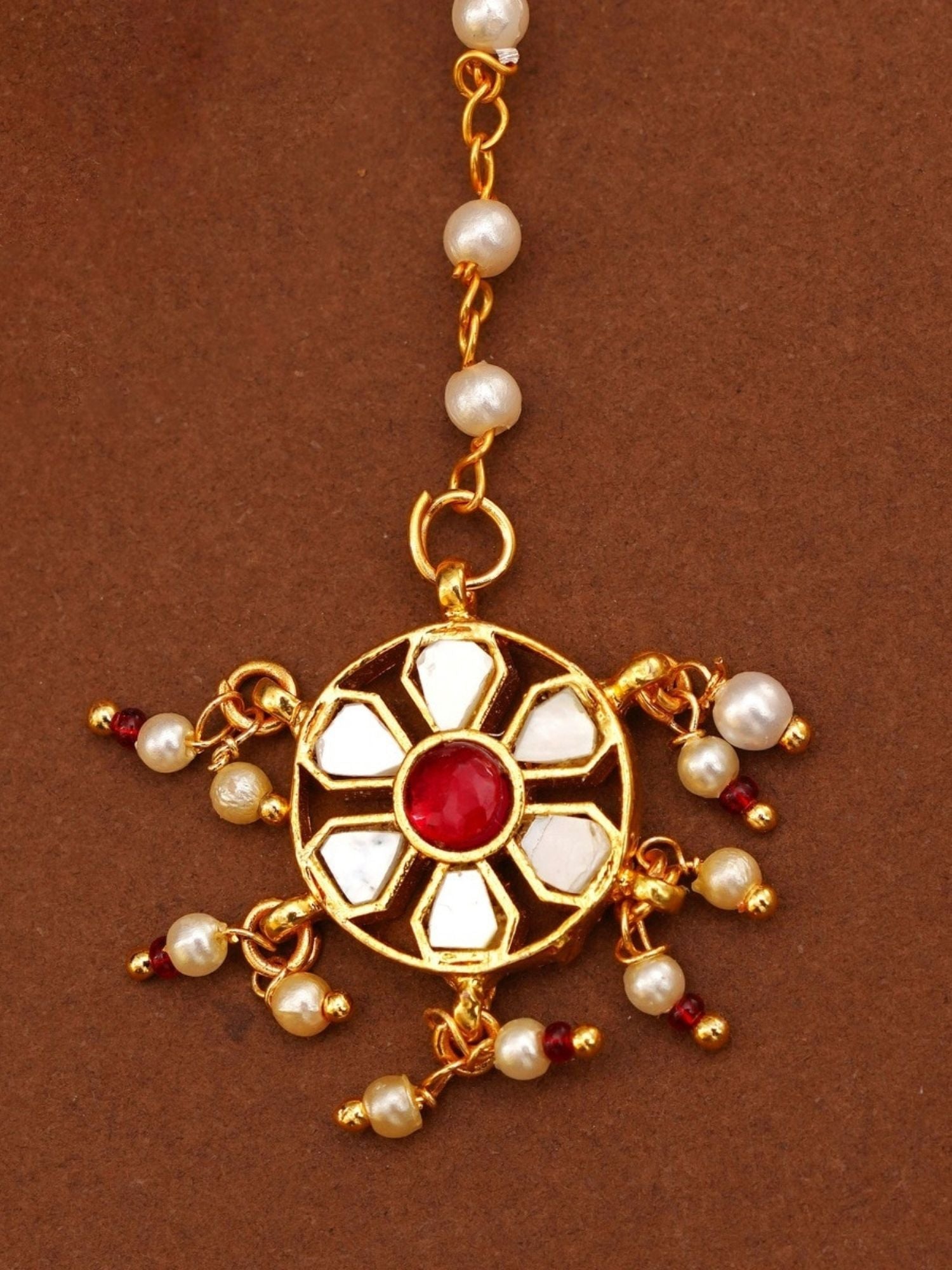 Gold Plated Colourful Paachi Kundan Maangtikka featuring round pendant with red center and pearl accents